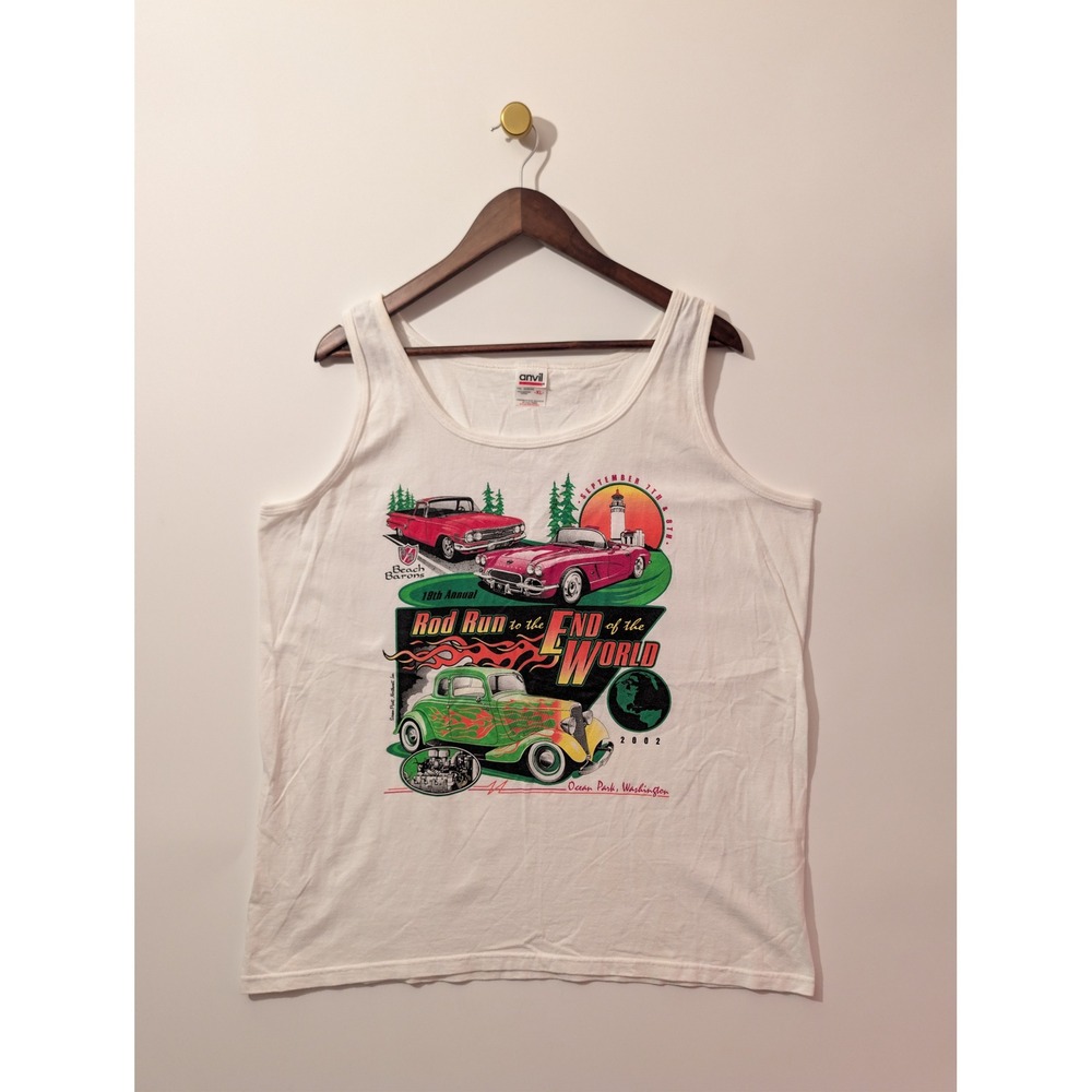 Anvil Tank Top Womens XL White Excellent 2002 Rod Run Car Show Graphic Tee